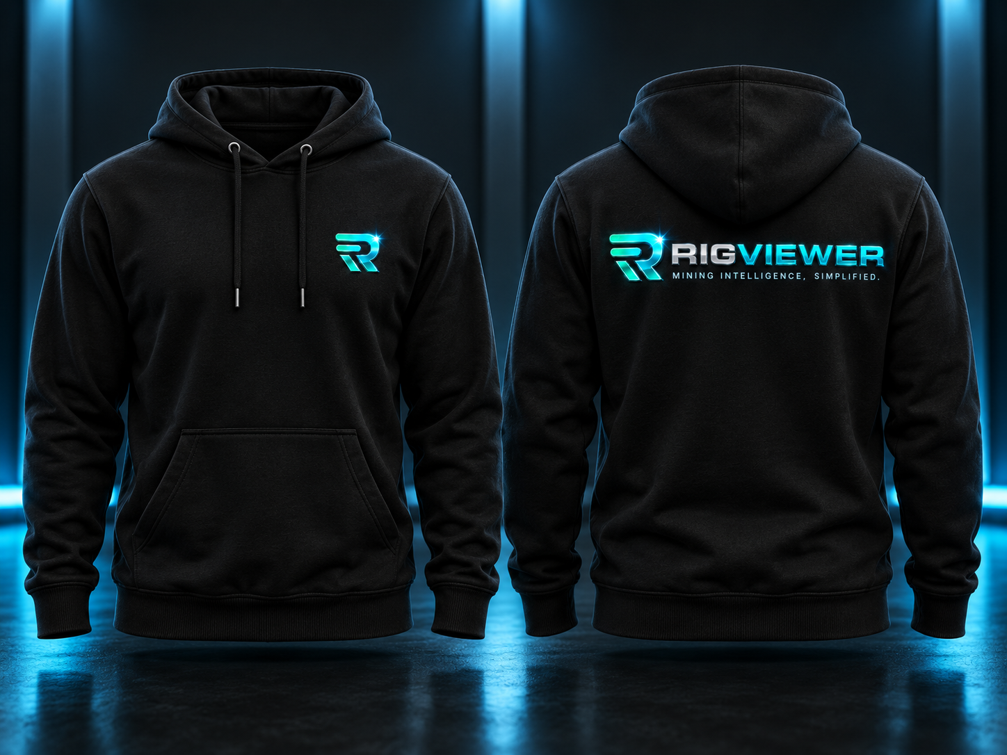 RigViewer black hoodie shown from the front and back